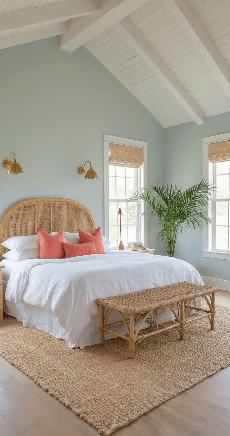 Florida Home Decor: Create a Bright, Breezy Coastal Retreat in Your Living Space Master bedroom interior in golden hour light, featuring a king bed with rumpled white linen, a rattan headboard against pale blue-grey walls, vintage brass sconces, coral throw pillows, a woven bamboo bench, and a handwoven natural fiber area rug, enhanced by a potted palm and warm light illuminating the space.