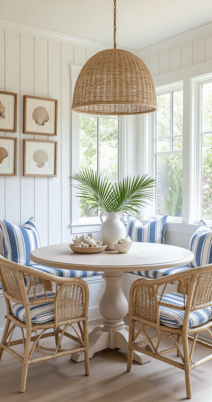 Florida Home Decor: Create a Bright, Breezy Coastal Retreat in Your Living Space Coastal kitchen nook with white board and batten walls, bleached oak round pedestal table surrounded by seagrass chairs, oversized rattan pendant lamp, and a built-in window seat with striped blue cushions, all bathed in mid-morning light. Decor includes a white vase with palm fronds, coral specimens, and vintage shell prints, featuring a color palette of crisp white, ocean blues, and driftwood grey.