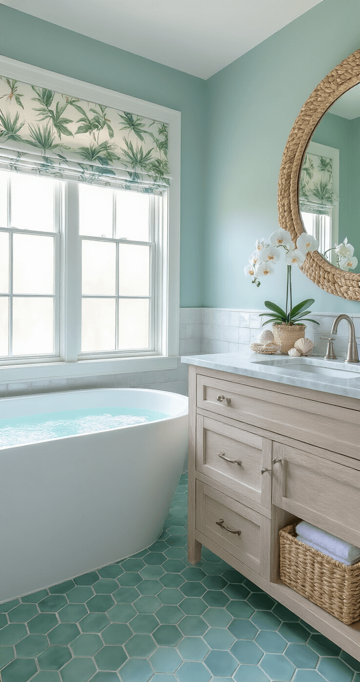 Florida Home Decor: Create a Bright, Breezy Coastal Retreat in Your Living Space A tranquil bathroom sanctuary featuring hexagonal sea glass green tiles, a freestanding white soaking tub beneath a window with a tropical roman shade, a bleached wood floating vanity with a marble top, and an oversized round mirror with rope detail, styled with a seagrass basket, a shell collection, and a white orchid, all bathed in soft morning light.