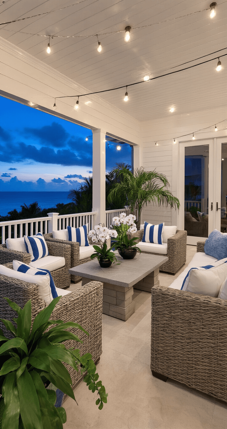 Florida Home Decor: Create a Bright, Breezy Coastal Retreat in Your Living Space A covered lanai at twilight featuring a white tongue and groove ceiling, performance wicker seating with ivory cushions, and a stone coffee table, framed by potted palms and orchids. String lights enhance the ambiance, while blue and white striped pillows complement the color palette of white, deep blue, grey stone, and tropical greens.