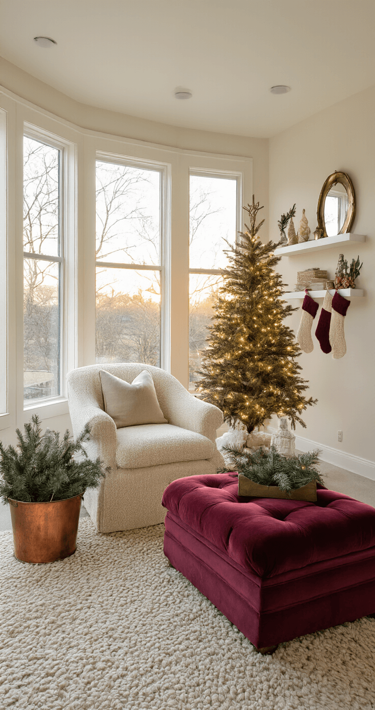 Magical Christmas Decor 2025: Nostalgic Charm Meets Modern Maximalism Master bedroom sitting area at sunrise featuring a cream boucle chair and burgundy velvet ottoman in a 12x14ft alcove. A floor-to-ceiling antiqued mirror reflects Christmas tree lights, with a vintage copper bucket filled with fresh-cut pine branches nearby. Handknit stockings hang from floating shelves. The low-angle shot highlights the tall bay window and the ethereal morning light.