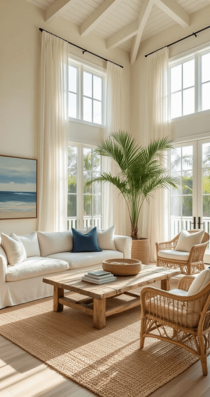 Creating Your Dream Florida Style Living Room: A Sunlit Sanctuary of Coastal Comfort Sun-drenched Florida living room with high ceilings, floor-to-ceiling windows, oversized cream sofa, rattan chairs, driftwood coffee table, and a large potted palm, captured at golden hour.