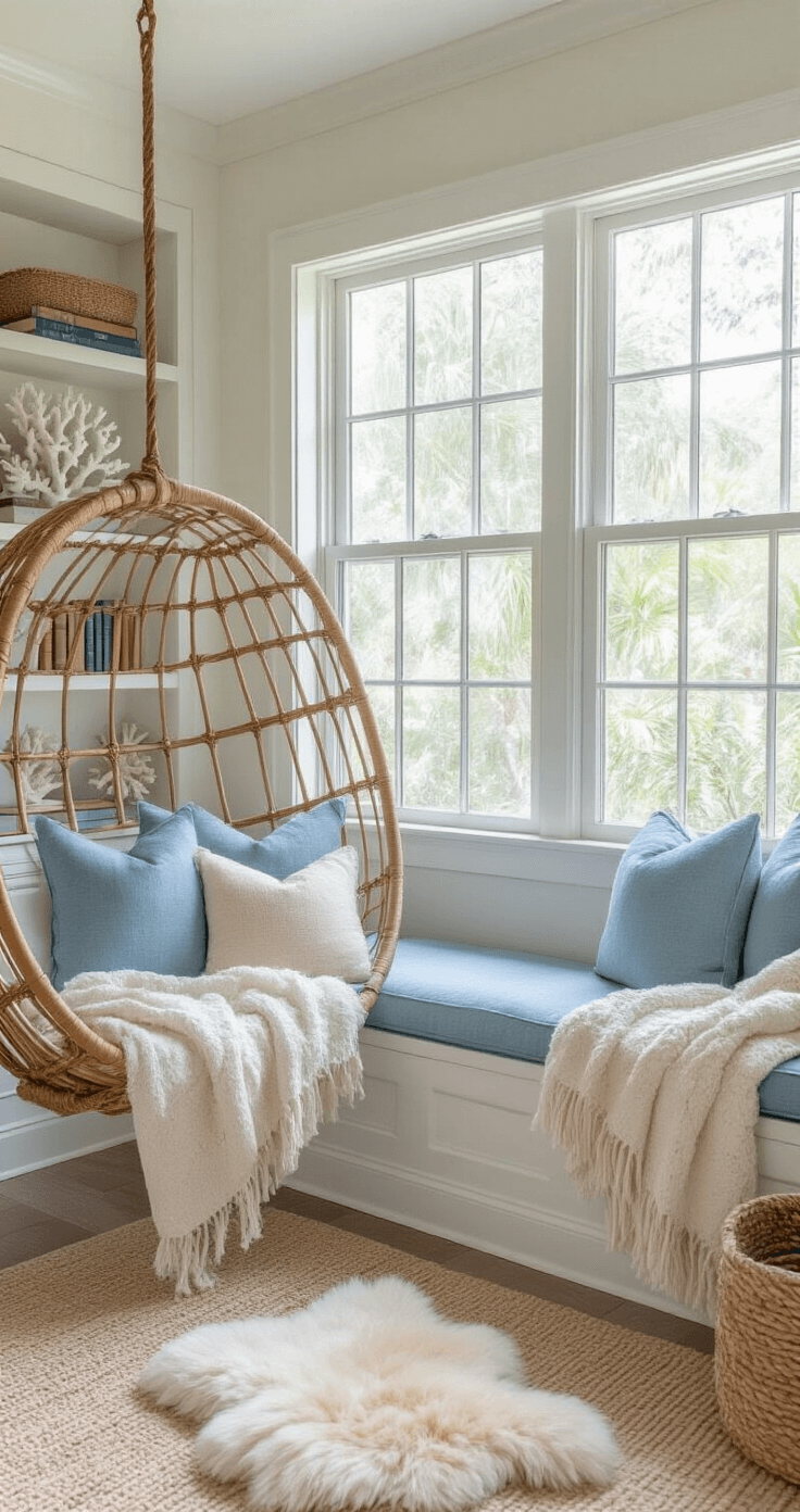 Creating Your Dream Florida Style Living Room: A Sunlit Sanctuary of Coastal Comfort Cozy Florida-style reading nook featuring a bay window bench with coastal blue cushions, a rattan hanging chair, and a weathered white bookshelf styled with coral and vintage nautical books, all bathed in soft afternoon light.