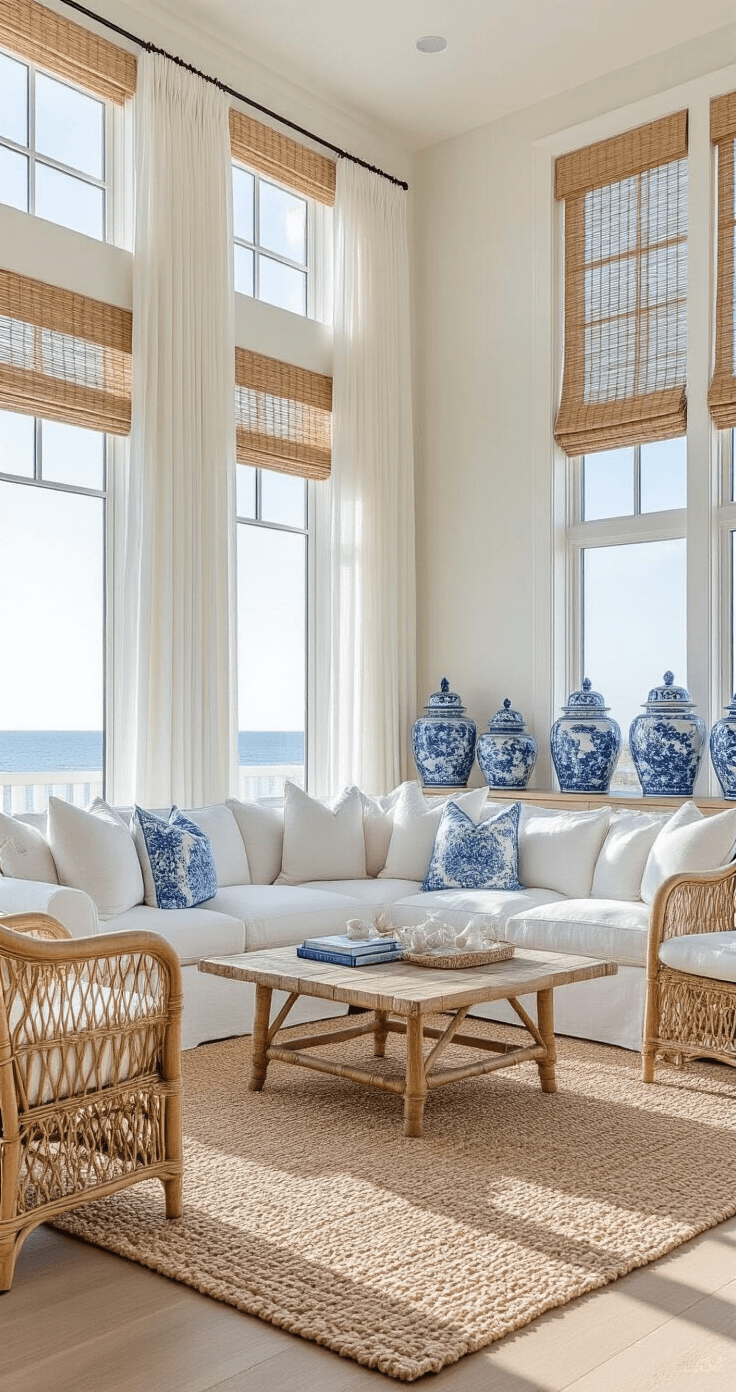 Creating Your Dream Florida Style Living Room: A Sunlit Sanctuary of Coastal Comfort Bright coastal living space with double-height windows and bamboo roman shades, featuring a white slipcovered sectional, cane accent chairs, and a chunky sisal rug over bleached hardwood. A collection of blue and white ginger jars adorns a whitewashed console, all illuminated by natural light filtered through sheer curtains. Captured from an elevated position for architectural detail.