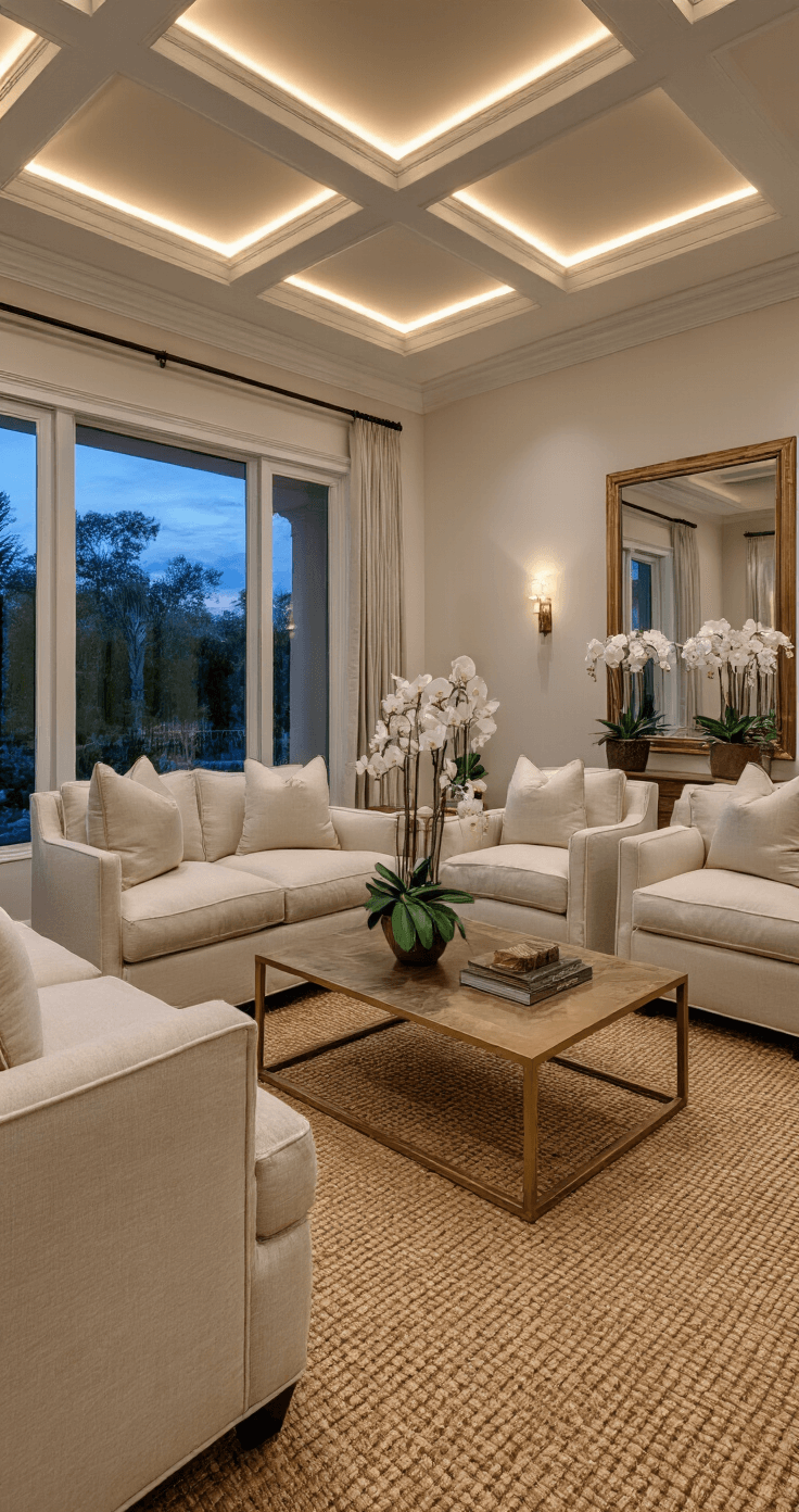 Creating Your Dream Florida Style Living Room: A Sunlit Sanctuary of Coastal Comfort Sophisticated transitional living space in Florida at dusk, featuring a coffered ceiling with rope lighting, an oatmeal linen upholstered sofa facing matching chairs, an aged brass coffee table on a geometric sisal rug, and a large mirror with wall-mounted orchids, all softly lit for a warm ambiance.