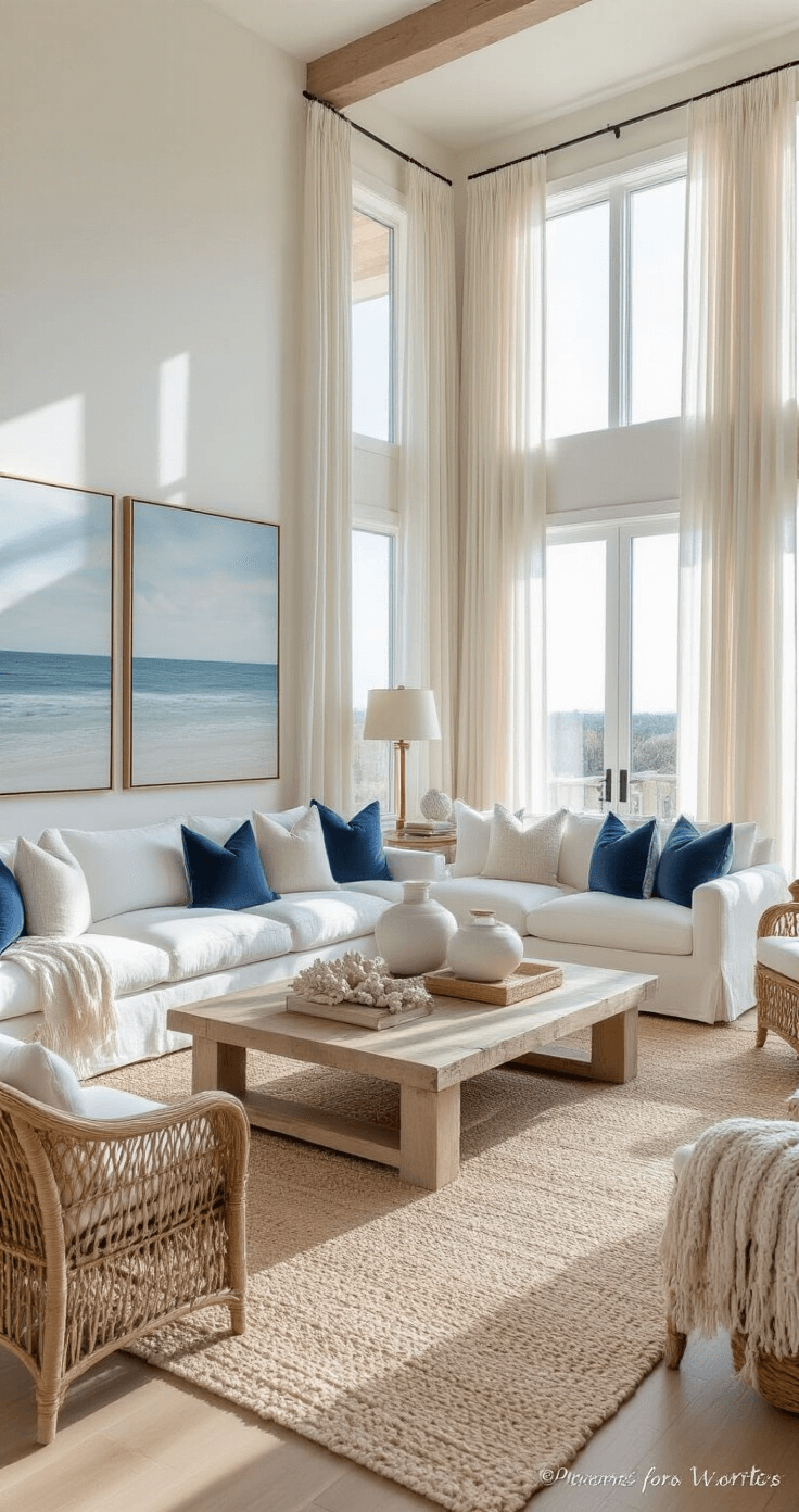 Elegant Coastal Decor: Your Ultimate Guide to Serene, Sophisticated Spaces An expansive coastal living room with oversized windows, featuring a cloud-white linen sectional, bleached oak coffee table, layered sisal and wool rugs, and large seascape art. Natural light streams through sheer curtains, highlighting blue-grey velvet pillows and rattan armchairs, with styled built-ins displaying white ceramic vessels and coral.