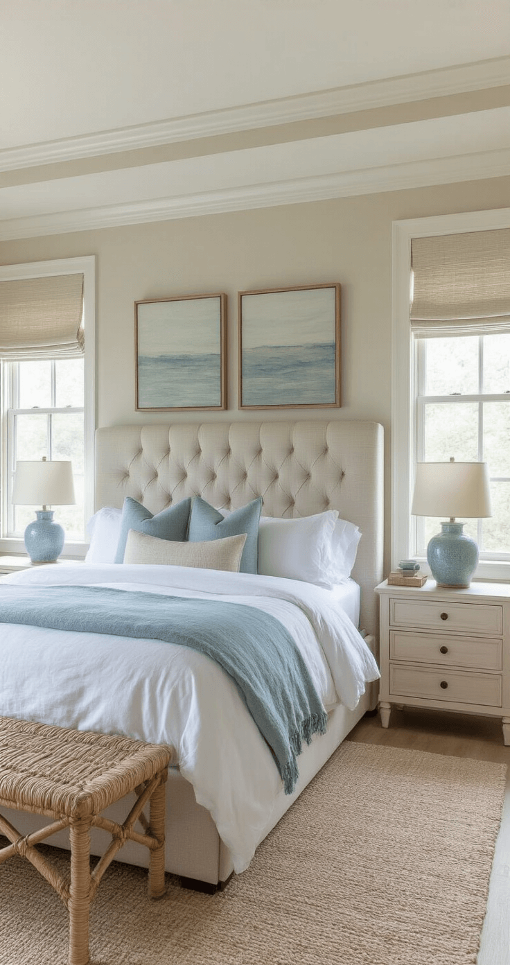 Elegant Coastal Decor: Your Ultimate Guide to Serene, Sophisticated Spaces Serene primary bedroom featuring a king bed with an oatmeal linen upholstered headboard, dressed in white linens and a pale blue throw, illuminated by soft morning light filtering through Roman shades in natural grasscloth; the room includes whitewashed nightstands with seafoam crackle glaze ceramic lamps, pale greige walls adorned with vintage indigo textiles, and a woven water hyacinth bench at the bed's end, all captured from a low angle to emphasize the tray ceiling.