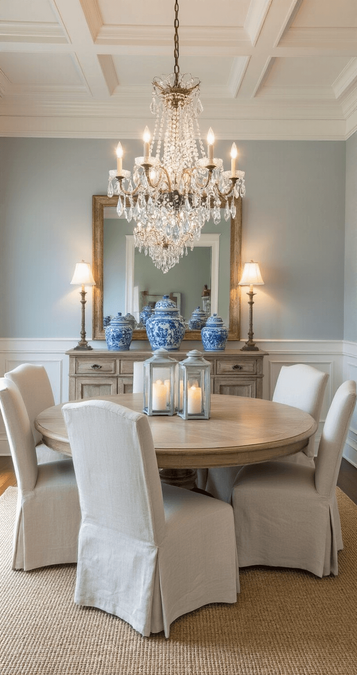 Elegant Coastal Decor: Your Ultimate Guide to Serene, Sophisticated Spaces Sophisticated dining room featuring wainscoting and a coffered ceiling, illuminated by dusk lighting from a crystal chandelier. An oval weathered oak dining table with eight slipcovered linen chairs is surrounded by an antiqued mirror, blue and white ginger jars, and hurricane lanterns. The soft gray-blue walls and seagrass rug create an intimate ambiance enhanced by warm artificial lighting.