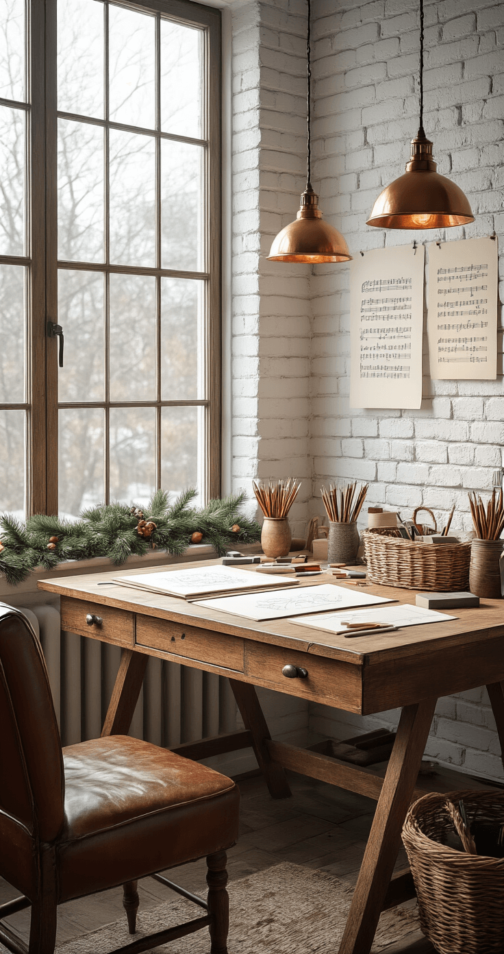 How to Draw a Christmas Tree: A Festive Art Guide for All Skill Levels Cozy art studio interior with vintage wooden drafting table, sketching supplies, and Christmas music sheet designs on a white-washed brick wall, illuminated by warm winter light from tall windows and copper pendant lamps.