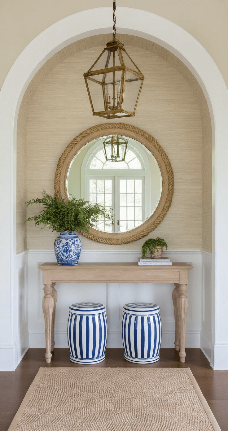 Elegant Coastal Decor: Your Ultimate Guide to Serene, Sophisticated Spaces Elegant foyer featuring an architectural archway, illuminated by noon light from a transom window. A bleached oak console with an oversized round mirror in a rope detail frame is accentuated by blue and white striped garden stools. The sandy beige grasscloth wallcovering and white trim enhance the ambiance, while a vintage brass lantern pendant and geometric pattern sisal runner add character. The camera captures the entry sequence and mirror reflection, with side lighting highlighting the texture of the wallcovering.