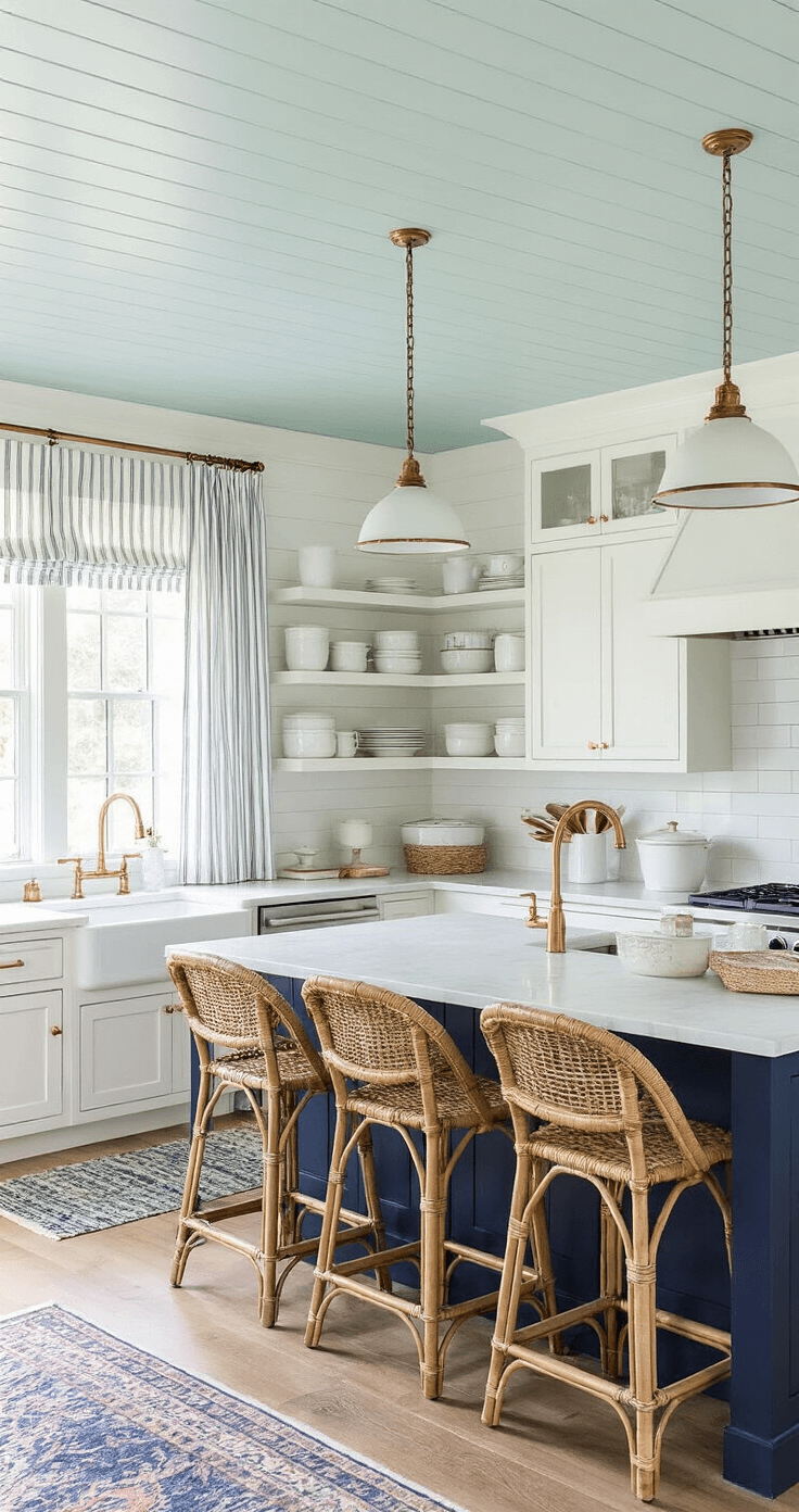 Elegant Coastal Decor: Your Ultimate Guide to Serene, Sophisticated Spaces A coastal kitchen featuring white inset cabinets with brass hardware, a navy island with rattan stools, and honed marble counters, illuminated by morning light filtering through ticking stripe cafe curtains. The shiplap ceiling in pale aqua complements soft white walls, while open shelving showcases a white ironstone collection. A vintage runner in faded blues adds warmth, and under-cabinet lighting enhances the natural light. Shot from counter height, the image highlights the workspace flow.