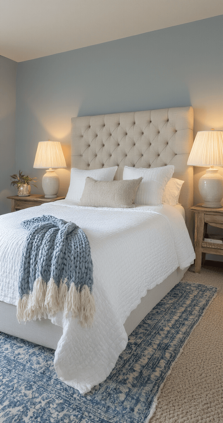 Coastal Granddaughter Bedroom: Your Ultimate Styling Guide Moody dusk-lit bedroom with pale gray-blue walls, featuring an oatmeal linen upholstered channel-tufted headboard, layered bed with white matelassé coverlet and pewter blue chunky knit throw, ceramic table lamps with pleated shades, and vintage indigo textiles as wall art, all captured from an elevated angle.