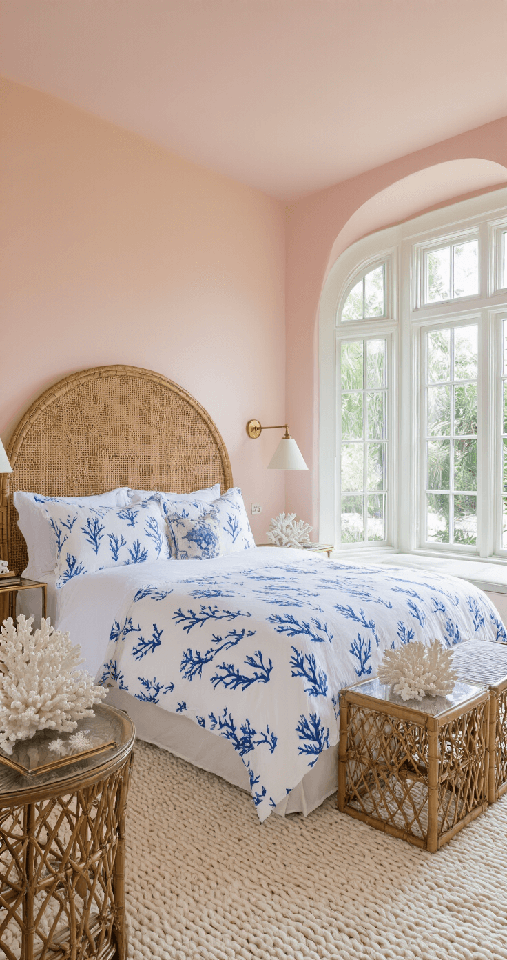 Coastal Granddaughter Bedroom: Your Ultimate Styling Guide Bright corner room with bay windows, featuring a curved rattan headboard against a shell-pink wall, white percale bedding with a blue coral pattern duvet, brass and glass side tables with white coral sculptures, and a chunky cream wool carpet, all illuminated by midday sunlight.