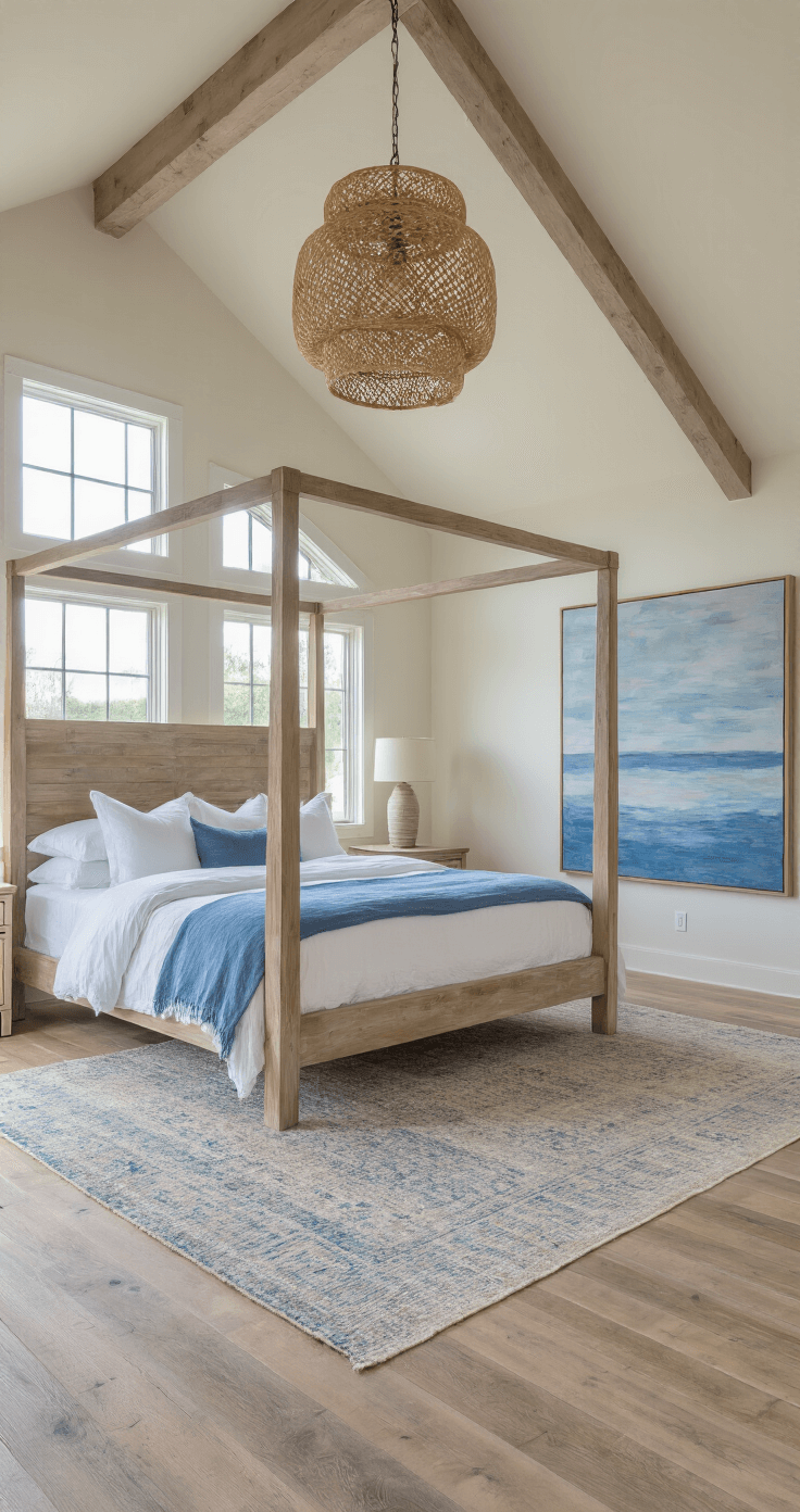 Coastal Granddaughter Bedroom: Your Ultimate Styling Guide A serene bedroom featuring a driftwood-finished four-poster bed dressed in white and blue linens under a cathedral ceiling, with an oversized abstract seascape in blues and grays on the wall, a woven pendant casting organic shadows, bleached oak floors, and a vintage overdyed rug, all illuminated by early morning diffused natural light.