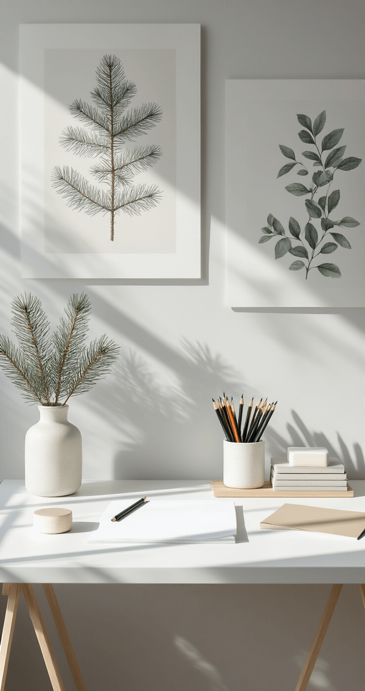 How to Draw a Christmas Tree: A Festive Art Guide for All Skill Levels A minimalist Scandinavian home office bathed in morning light, featuring a clean white desk with organized drawing supplies, including professional pencils, a white eraser, and high-quality paper, all against pale gray walls adorned with botanical prints of pine branches, highlighted by a color palette of winter whites, cool grays, and deep green accents.