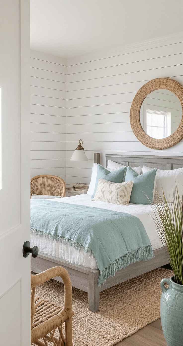 Coastal Granddaughter Bedroom: Your Ultimate Styling Guide A cozy bedroom featuring a shiplap accent wall, a low-profile weathered gray platform bed with layered white and sea glass blue bedding, rattan chairs for seating, an oversized mirror, and beach grass in a ceramic vessel, all bathed in warm golden hour light from a diagonal doorway view.