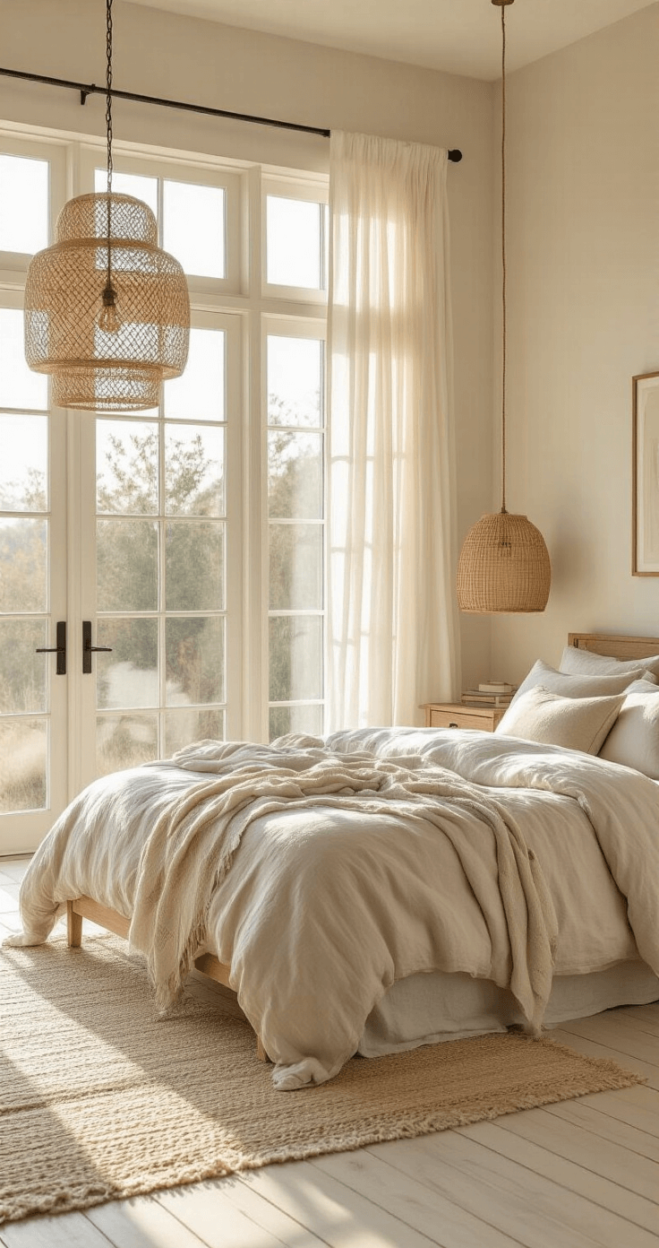 Coastal Master Bedroom: Your Serene Seaside Sanctuary at Home Sun-drenched master bedroom with tall windows, whitewashed wooden floors, a king bed dressed in soft oyster gray linen, weathered oak nightstands, and layered textiles in cream and pale blue, illuminated by a rattan pendant light, captured at golden hour.