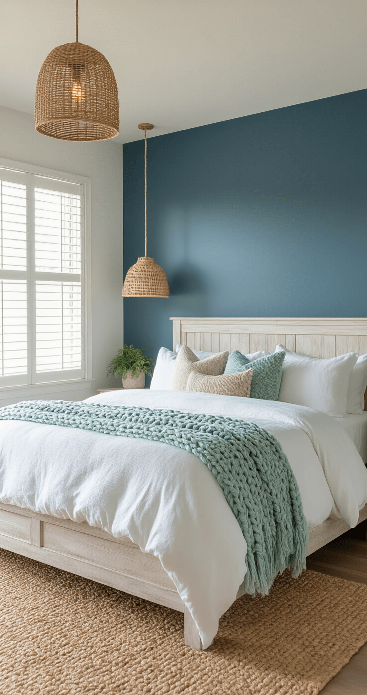 Coastal Master Bedroom: Your Serene Seaside Sanctuary at Home Intimate coastal bedroom at dawn featuring a maritime blue accent wall, a whitewashed wooden bed with cloud-white linens and seafoam green throws, a woven seagrass rug, and jute pendant lights, illuminated by natural light through plantation shutters.