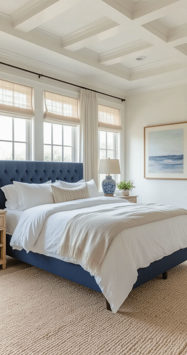 Coastal Master Bedroom: Your Serene Seaside Sanctuary at Home A bright midday capture of a stylish bedroom featuring a dramatic tray ceiling, floor-to-ceiling windows with gauzy curtains, a navy upholstered headboard, white bedding, sandy beige accents, vintage lamps, and coastal artwork.