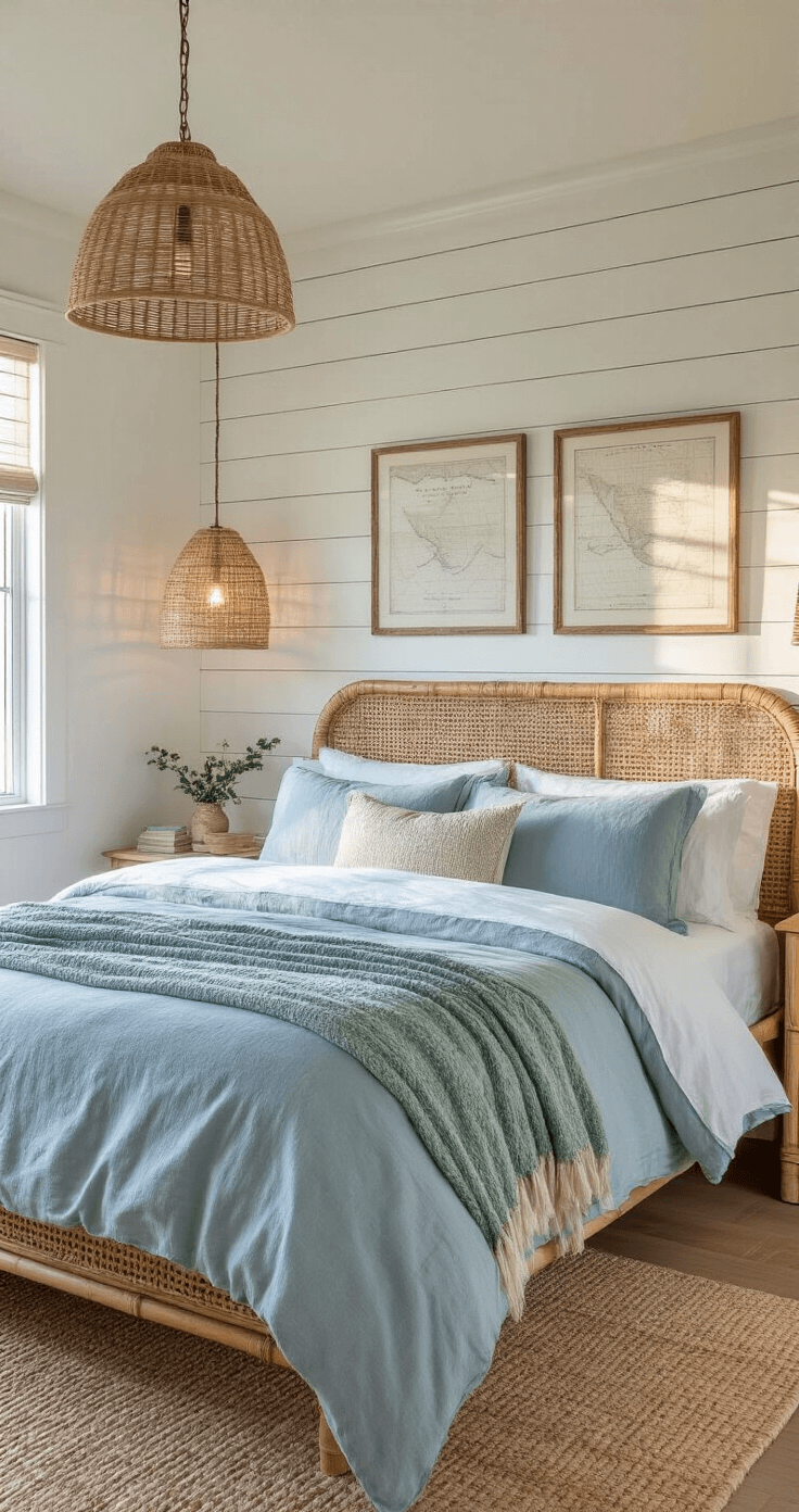 Coastal Master Bedroom: Your Serene Seaside Sanctuary at Home Cozy coastal bedroom at sunset featuring a weathered shiplap accent wall, natural rattan bed frame with cotton sheets, denim blue duvet, sea glass green throws, and a woven pendant light casting shadows, along with framed vintage coastal maps.