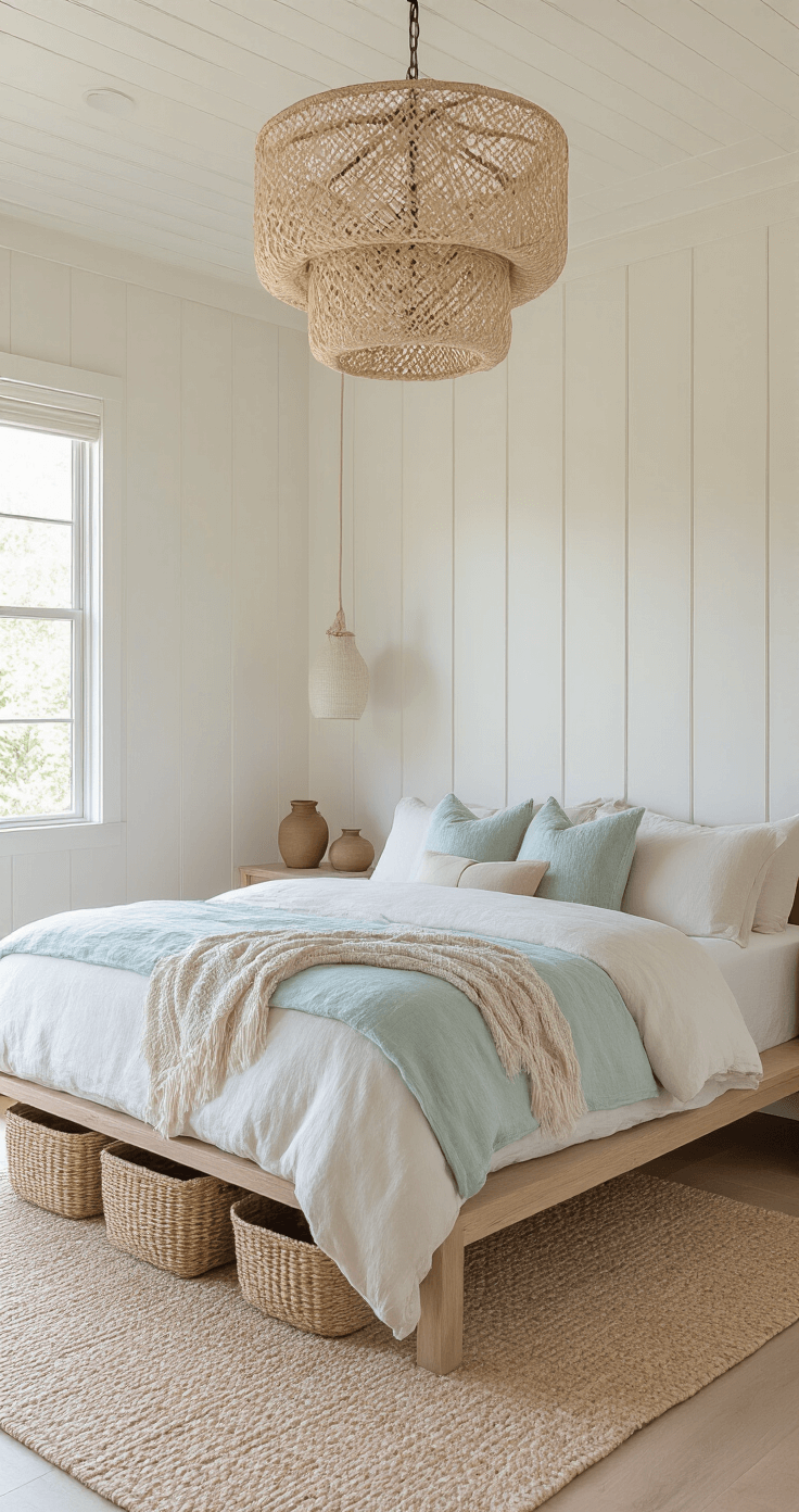Coastal Master Bedroom: Your Serene Seaside Sanctuary at Home A cozy twilight bedroom featuring soft white paneled walls, a bleached teak low-profile platform bed with layered ivory linen and pale aqua bedding, accented by sandy neutral throws, a capiz shell chandelier, seagrass baskets, and ceramic vessels, all bathed in warm artificial light and fading natural light.