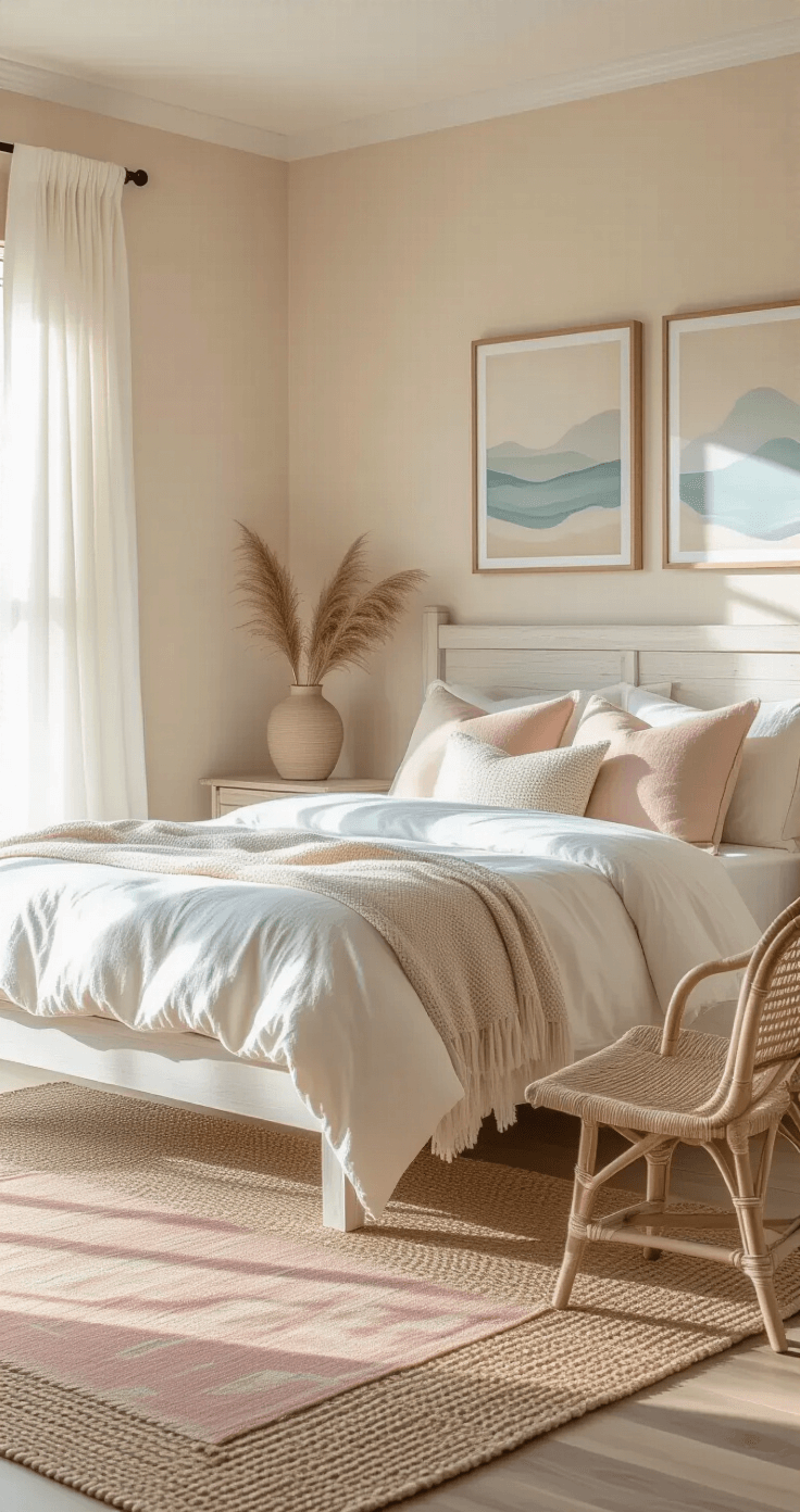 Dreamy Pink Coastal Bedroom: Your Ultimate Styling Guide A sunlit bedroom with a whitewashed wooden bed frame dressed in layered linen bedding, pale blush walls, natural light through gauzy curtains, a rattan chair with a chunky knit throw, and coastal artwork in muted colors.