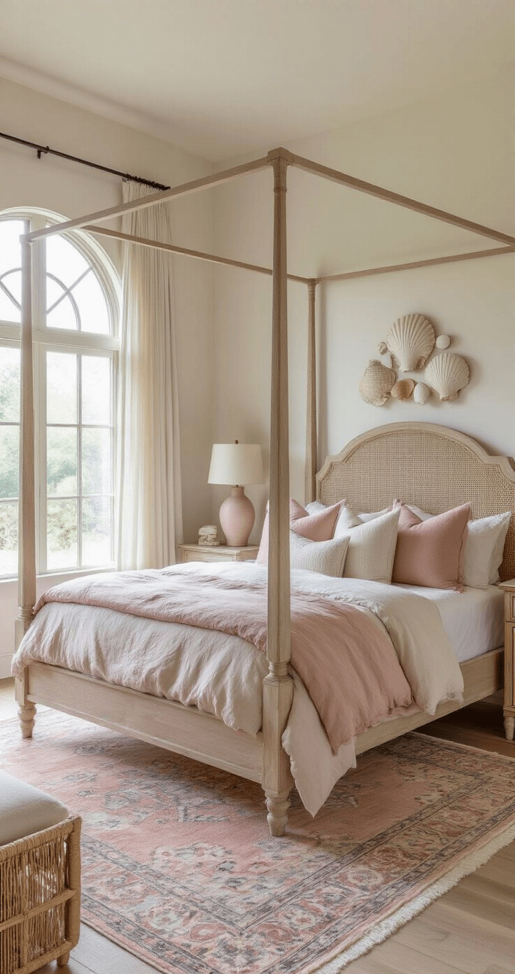 Dreamy Pink Coastal Bedroom: Your Ultimate Styling Guide Late morning view of a master bedroom featuring a bleached oak four-poster bed with a rumpled blush linen duvet, accompanied by sandy beige and pearl white pillows. The room includes rattan nightstands with soft pink ceramic lamps, an oversized arched window with sheer billowing curtains, and a vintage Persian rug in weathered pastels. Floating shelves display a shell collection, all illuminated by soft, diffused natural light.