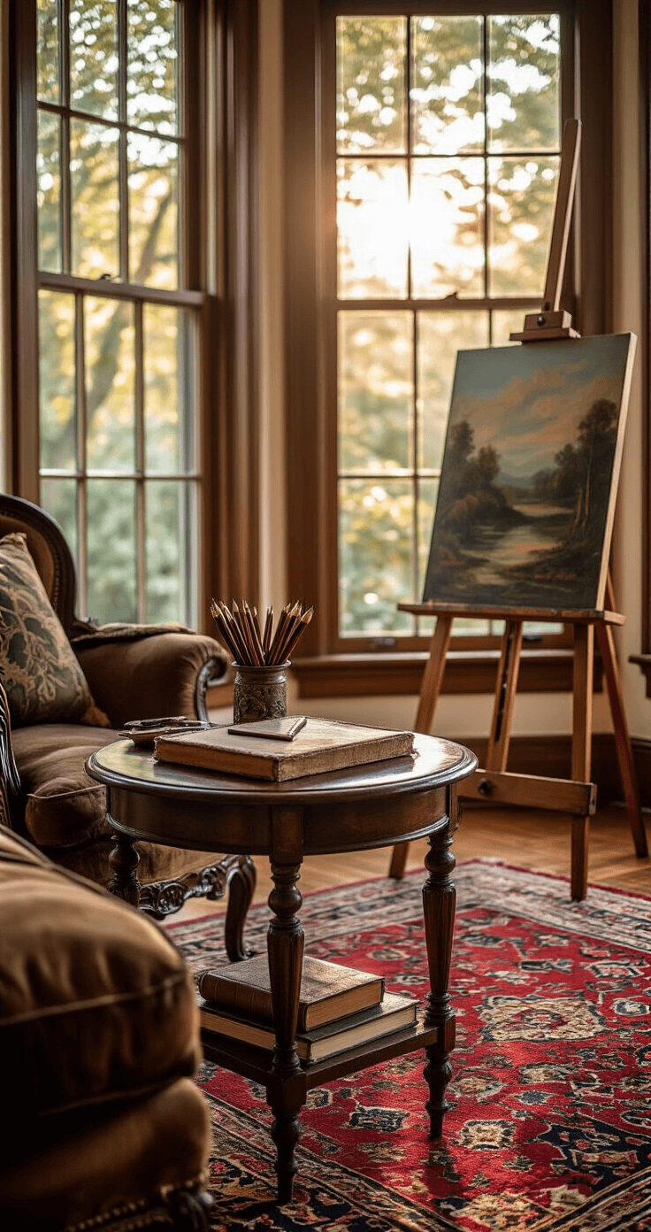 How to Draw a Christmas Tree: A Festive Art Guide for All Skill Levels Traditional living room at golden hour, featuring an artist's corner with an easel by bay windows, an antique side table with vintage art supplies, a deep red and blue Oriental rug, and a warm color palette of jewel tones and aged brass, emphasizing rich textures like velvet and polished wood.