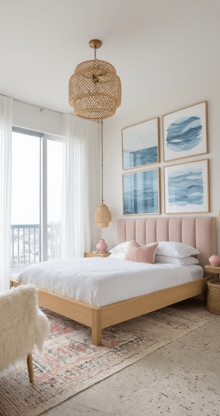 Dreamy Pink Coastal Bedroom: Your Ultimate Styling Guide A modern coastal bedroom featuring a light oak platform bed with a blush headboard, large windows with sheer curtains, an asymmetrical gallery wall of abstract ocean prints, a cream Mongolian wool accent chair, brass-accented handwoven pendant lights, terrazzo side tables with pink ceramic vessels, and natural stone flooring layered with vintage rugs, all bathed in soft morning light.