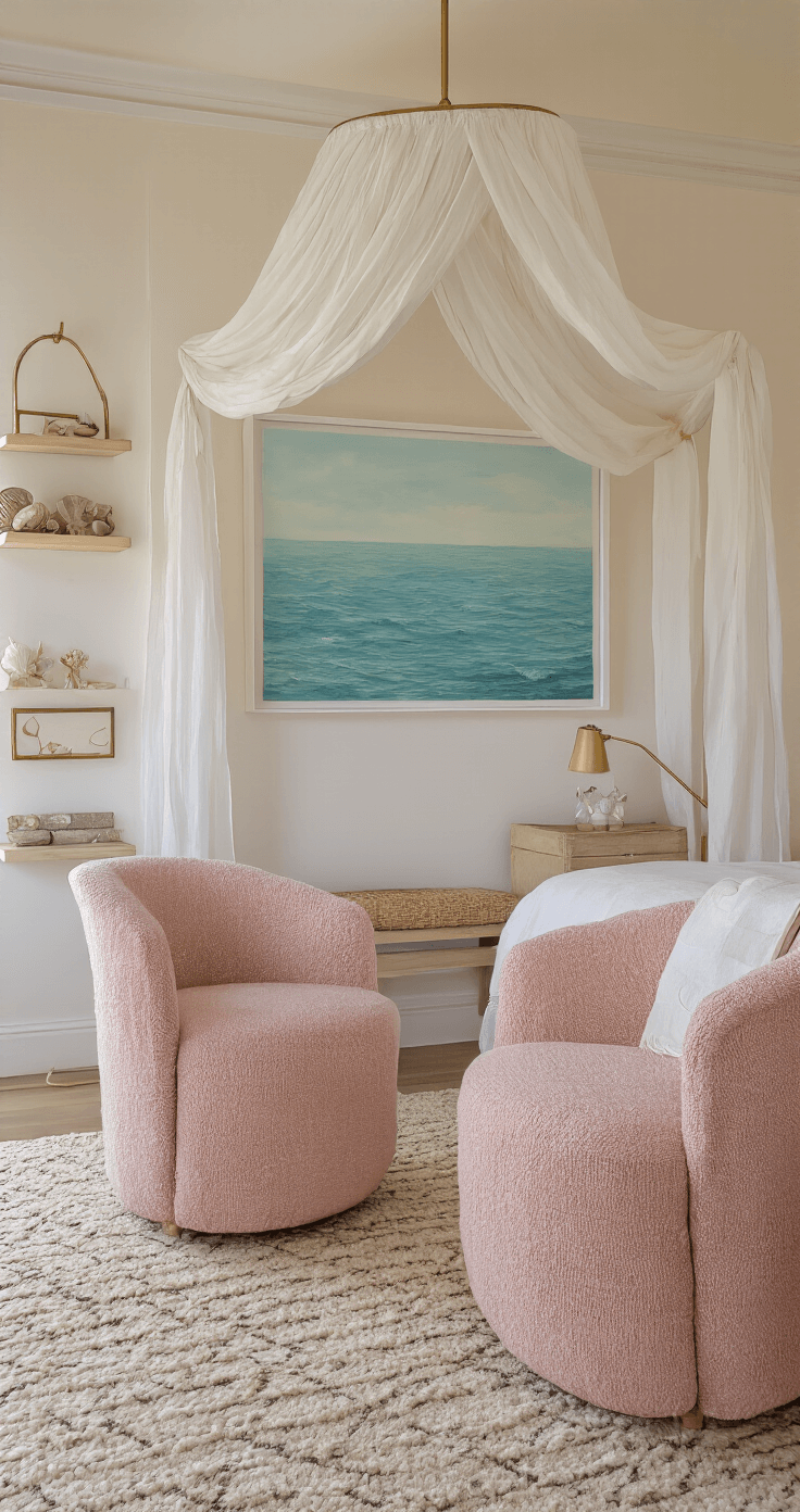 Dreamy Pink Coastal Bedroom: Your Ultimate Styling Guide A serene primary bedroom featuring a whitewashed oak canopy bed draped in gauzy fabric, warm white walls with a pink undertone, an oversized abstract seascape, curved shell pink bouclé chairs, a geometric handknotted wool rug, a brass floor lamp, and crystal and shell collections on floating shelves, all illuminated by soft golden hour lighting.