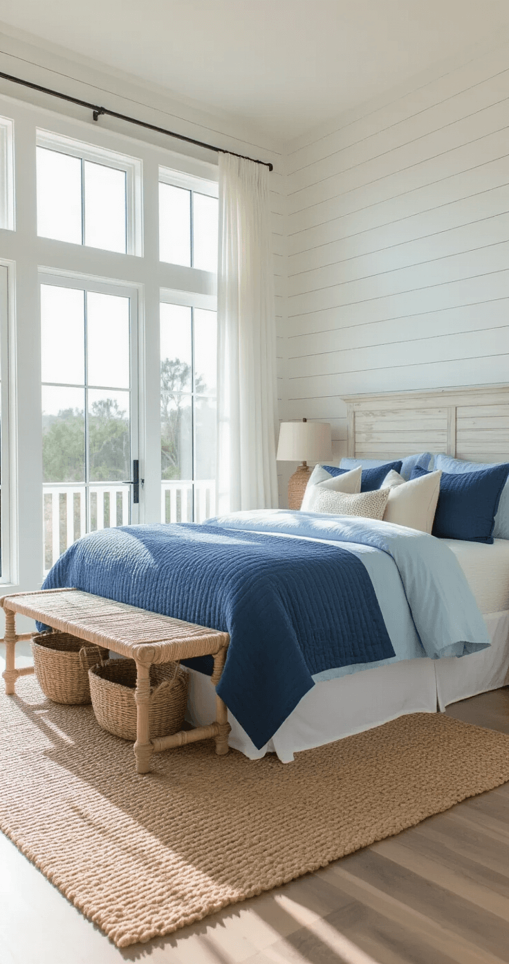 Coastal Blue Bedroom: Your Ultimate Guide to Creating a Serene Seaside Retreat A coastal bedroom with white shiplap walls, a king-size bed adorned in ocean-inspired bedding, and morning light streaming through floor-to-ceiling windows, featuring a natural jute rug and a rattan bench, captured from a low angle to highlight soft shadows and textural details.