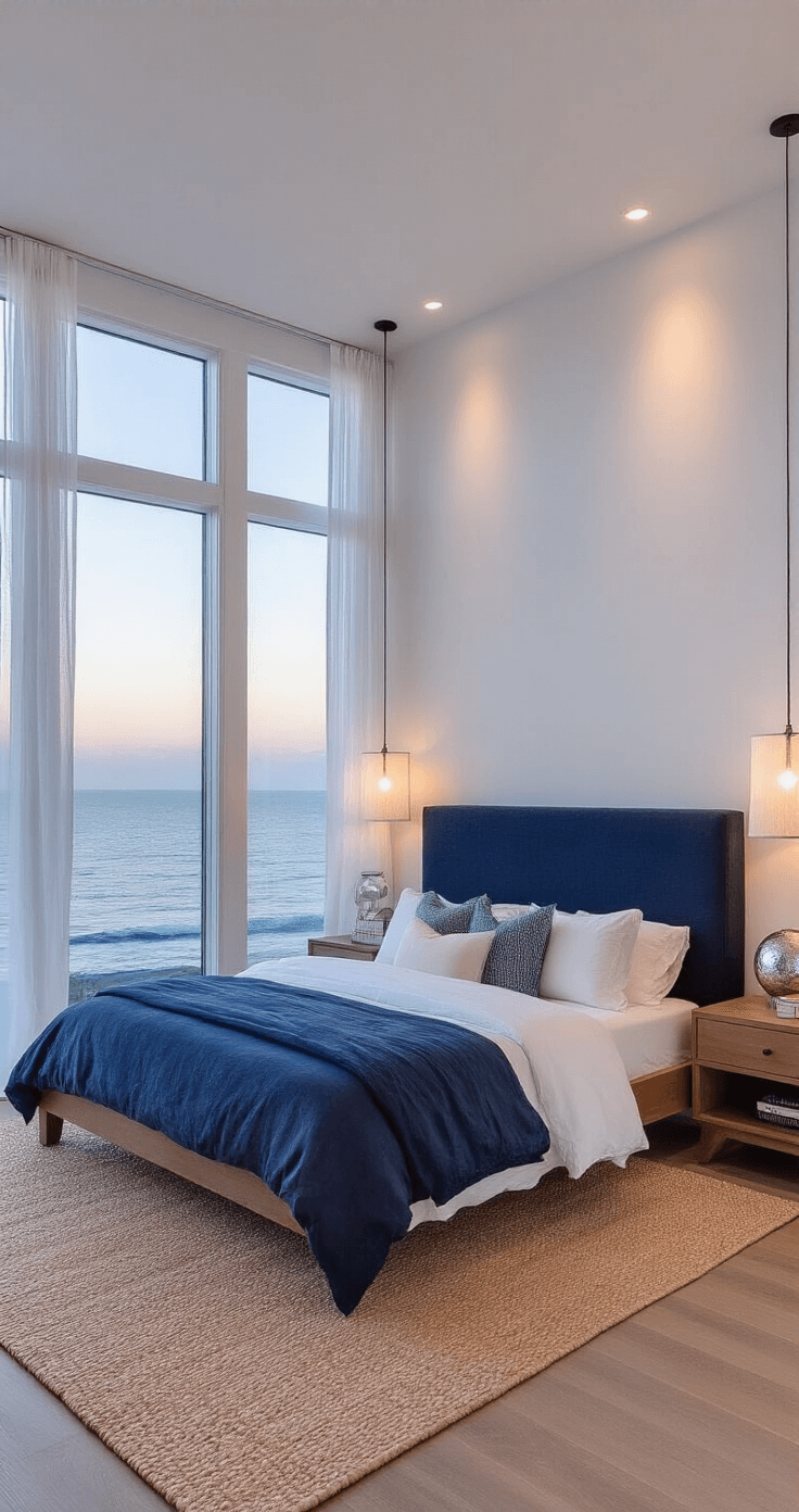 Coastal Blue Bedroom: Your Ultimate Guide to Creating a Serene Seaside Retreat A contemporary primary bedroom at twilight with coastal decor, featuring floor-to-ceiling windows, a modern platform bed with a navy upholstered headboard, and soft lighting from mercury glass lamps.