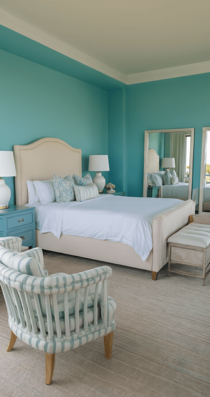 Coastal Blue Bedroom: Your Ultimate Guide to Creating a Serene Seaside Retreat Luxurious master suite featuring a king-size bed with an ivory upholstered headboard, soft aqua walls, oversized white lamps on blue-grey nightstands, floor-length mirrors, and a coastal seating area with armchairs and a marble side table, all bathed in golden hour light.