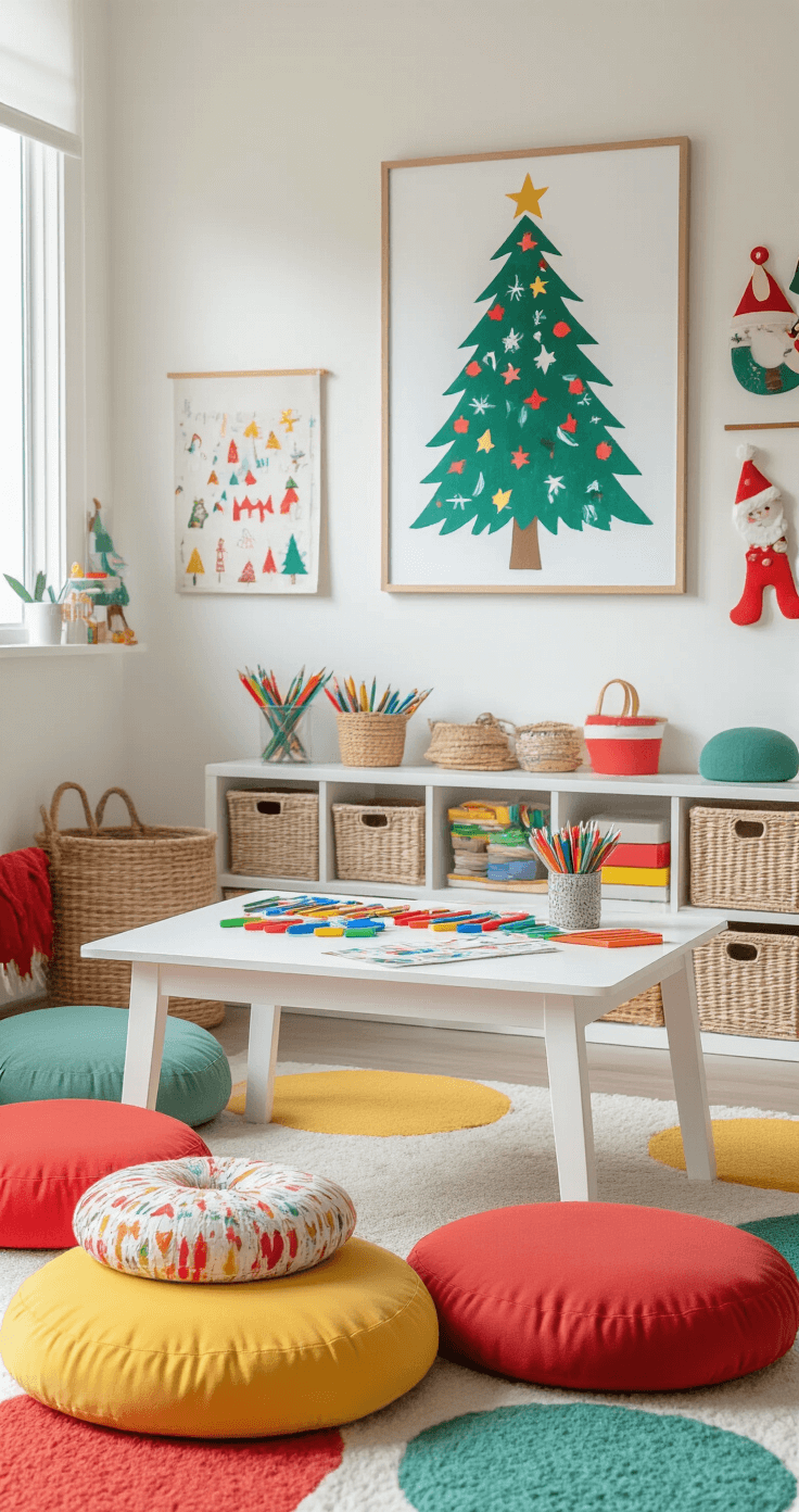 How to Draw a Christmas Tree: A Festive Art Guide for All Skill Levels A vibrant children's craft room filled with midday light, featuring a low white table surrounded by colorful floor cushions. The table is organized with bright markers, kid-friendly pencils, and recycled paper. An inspiration wall showcases whimsical Christmas tree artwork. The camera is positioned at a child's eye level, capturing the playful perspective with a bright color palette of primary colors, soft pastels, and pops of holiday red and green, along with textures of plush cushions and woven storage baskets.