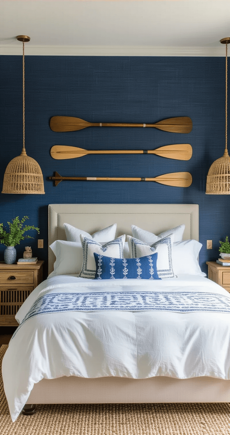 Coastal Blue Bedroom: Your Ultimate Guide to Creating a Serene Seaside Retreat A cozy eclectic bedroom featuring navy grasscloth wallpaper, a queen bed with white linen and blue block-printed accents, vintage oars on the wall, asymmetrical rattan pendant lights, and a blend of modern and vintage coastal decor, all bathed in soft afternoon light.