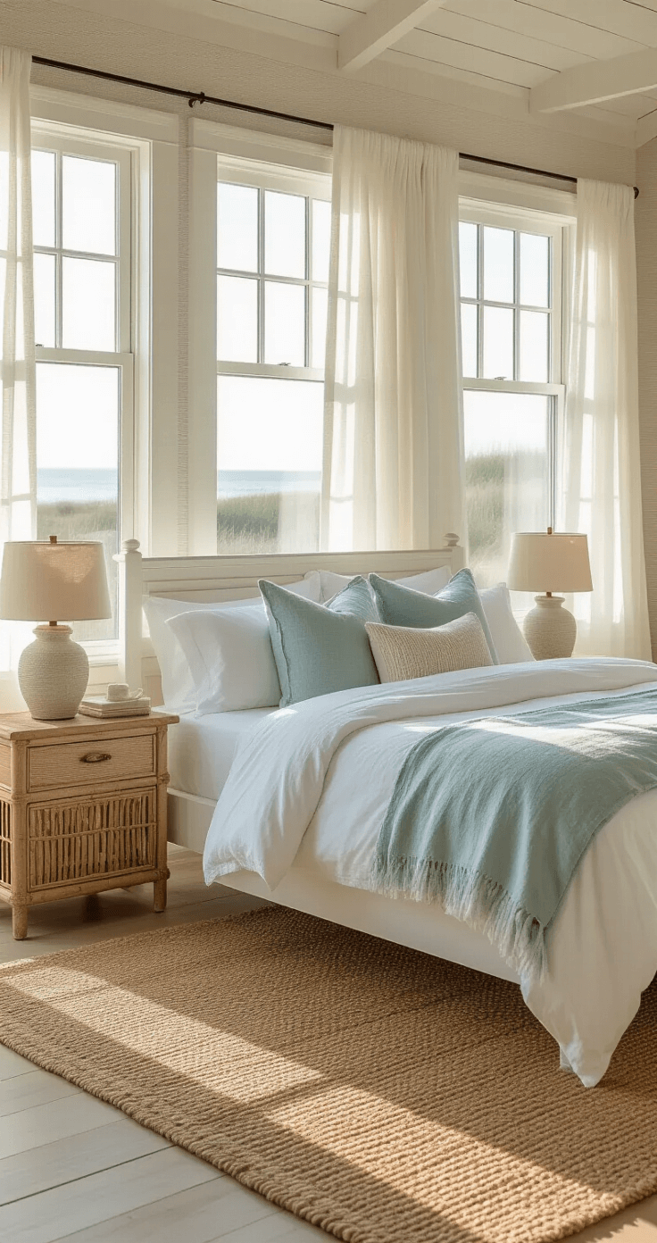 Creating Your Dream Coastal Bedroom Retreat: A Step-by-Step Design Guide A sunlit coastal bedroom with large bay windows, a king-sized bed in a weathered white frame, layered white and seafoam linens, jute rug on whitewashed hardwood floors, and rattan bedside tables with textured ceramic lamps, accented with driftwood art and pampas grass.