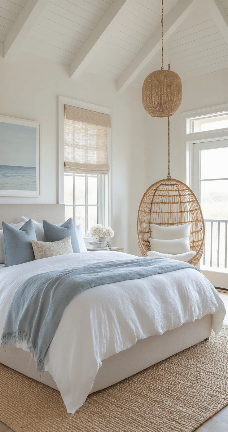 Creating Your Dream Coastal Bedroom Retreat: A Step-by-Step Design Guide Intimate morning light bathes a stylish bedroom featuring a bed with white cotton sheets and gray linen duvet, surrounded by muted blue accent pillows. A rattan hanging chair, French doors leading to a balcony, and filtered light through natural fiber roman shades cast dramatic shadows. Textures of grasscloth wallpaper, a jute rug, and a woven pendant light add warmth, complemented by coastal accents like a white coral specimen on a brass stand.