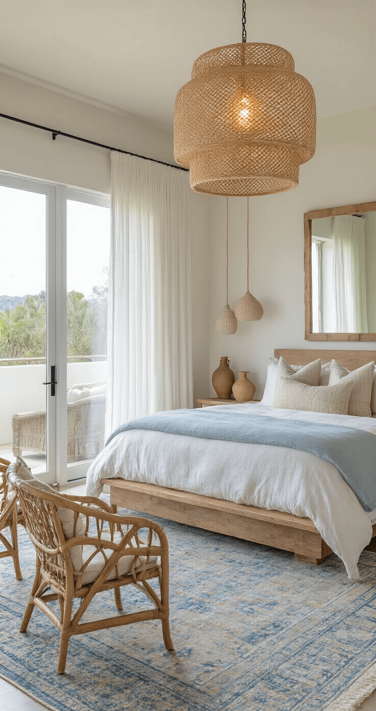 Creating Your Dream Coastal Bedroom Retreat: A Step-by-Step Design Guide Twilight bedroom with warm pendant lighting, featuring floor-to-ceiling windows with white curtains, a platform bed dressed in white and blue bedding, vintage blue rug, and rattan chairs, all reflected in a full-length mirror.