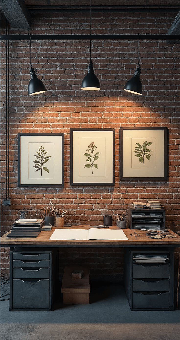 How to Draw a Christmas Tree: A Festive Art Guide for All Skill Levels A professional artist's loft studio at dusk, featuring track lighting casting dramatic shadows over an industrial metal workstation filled with high-end art supplies and technical drawing tools. Exposed brick walls display framed botanical studies, with a color palette of industrial grays, rustic reds, and forest green accents, highlighting various textures.