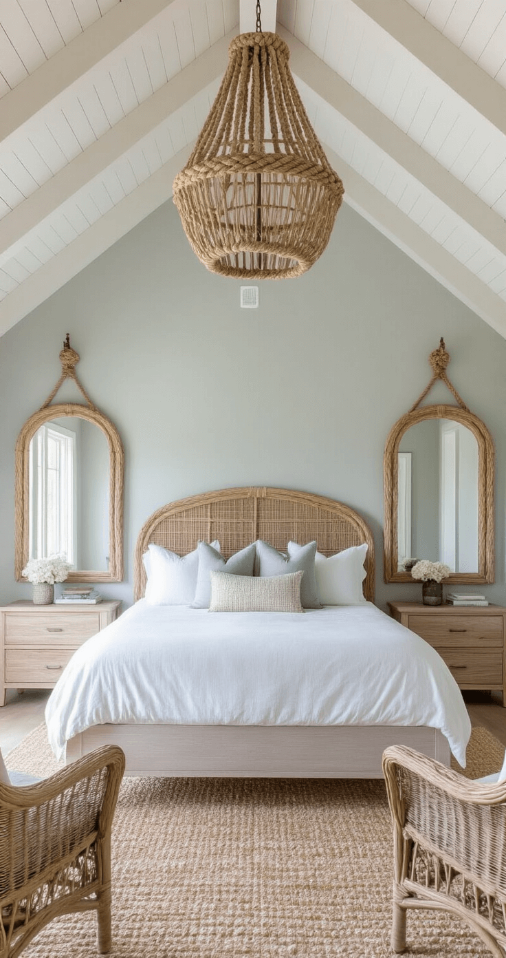 Coastal Bedroom Bliss: Transform Your Space into a Serene Seaside Retreat Wide shot of a coastal guest room featuring a queen bed with a rattan headboard, cathedral ceiling with white beams, and a dramatic rope chandelier, complemented by driftwood-framed mirrors and woven water hyacinth chairs, all illuminated by natural light.