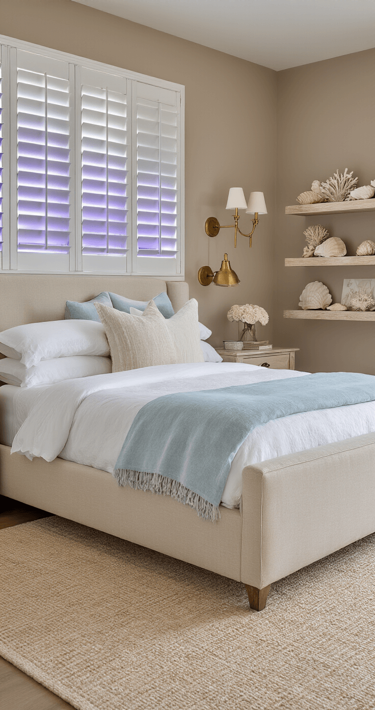 Creating Your Dream Coastal Master Bedroom: A Serene Seaside Retreat A master retreat featuring an upholstered platform bed with beige linen bedding, accented by warm brass sconces, bleached wood shelves with seashell decor, and warm greige walls illuminated by twilight through plantation shutters.