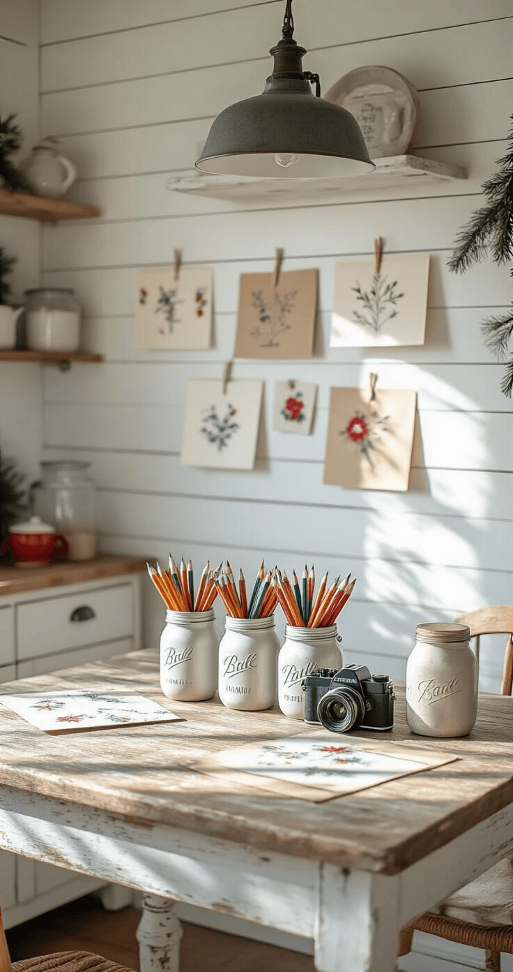 How to Draw a Christmas Tree: A Festive Art Guide for All Skill Levels A rustic farmhouse kitchen bathed in morning sunlight, featuring a distressed wooden table set for holiday crafting with vintage mason jars of pencils and markers, surrounded by white shiplap walls adorned with hand-drawn Christmas cards. The scene captures a lived-in charm with a color palette of creamy whites, weathered grays, vintage blues, and seasonal red accents, highlighting textures of aged wood, ceramic containers, and kraft paper.