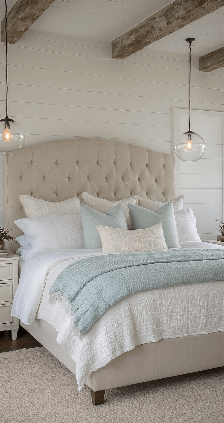 Creating Your Dream Coastal Master Bedroom: A Serene Seaside Retreat A cozy coastal retreat bedroom at dusk featuring an oversized sandy beige headboard, layered bedding in white, cream, and pale aqua, dimmable glass globe pendants for intimate lighting, distressed wooden beams, and soft white walls with subtle blue undertones, captured from bed level.