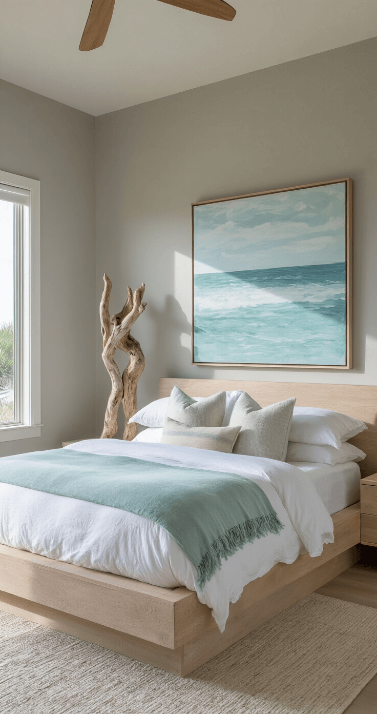 Creating Your Dream Coastal Master Bedroom: A Serene Seaside Retreat Bright beachside bedroom featuring a low-profile bleached oak platform bed with white linens and seafoam accents, an oversized abstract seascape artwork on the wall, and a sculptural driftwood lamp, all bathed in mid-morning light against 'Gray Cashmere' walls.