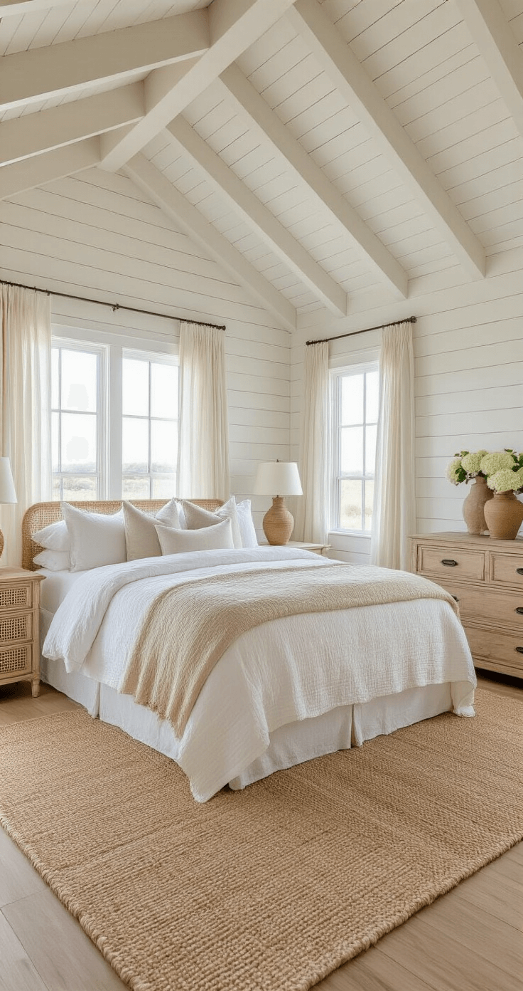 Coastal Grandma Bedroom: Your Ultimate Sanctuary of Comfort and Style A bright coastal bedroom with vaulted ceilings, featuring a king-sized bed adorned with white linen bedding and a sand-colored quilt, flanked by vintage rattan nightstands and oversized windows with sheer curtains, all bathed in golden hour light.