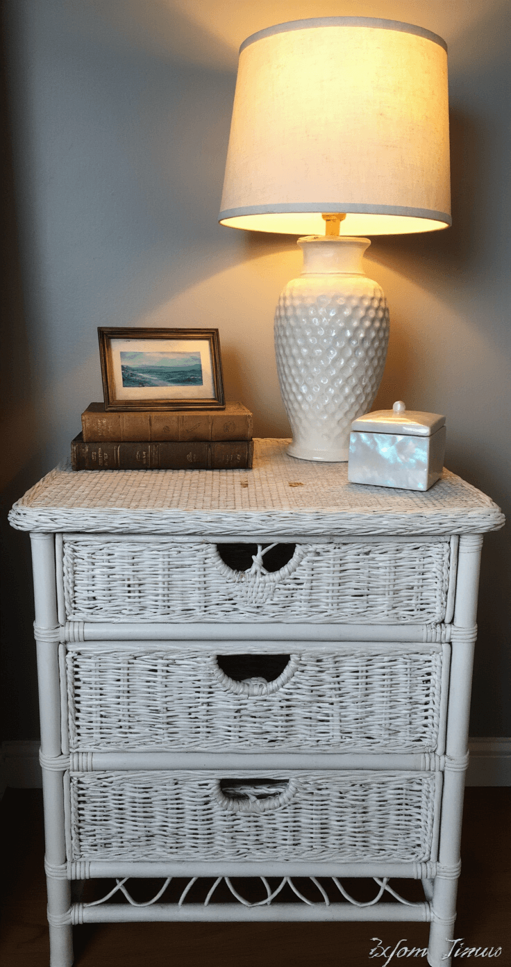 Coastal Grandma Bedroom: Your Ultimate Sanctuary of Comfort and Style A distressed white rattan nightstand at dusk, styled with muted vintage hardcover books, a textured white ceramic lamp, a small watercolor seascape in a weathered frame, and a mother of pearl inlay box, captured from above at a 30-degree angle with warm lamp light and blue hour ambient light.