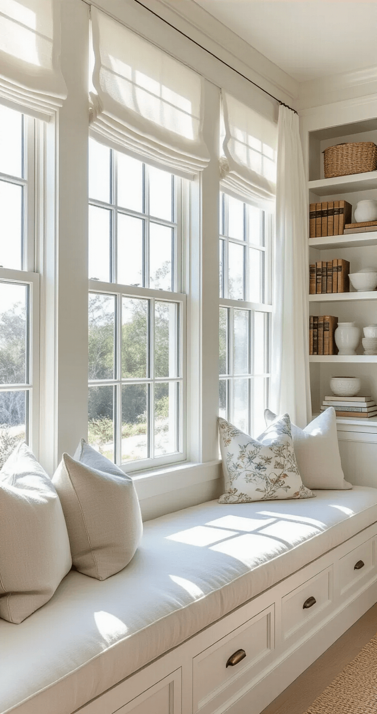 Coastal Grandma Bedroom: Your Ultimate Sanctuary of Comfort and Style A bright and airy interior featuring three sets of floor-to-ceiling windows with crossbuck details, adorned with white linen panels, and a 12ft window seat upholstered in natural linen with coastal-themed pillows. Built-in bookcases flank the windows, showcasing vintage collections and white ceramics, all bathed in morning light.