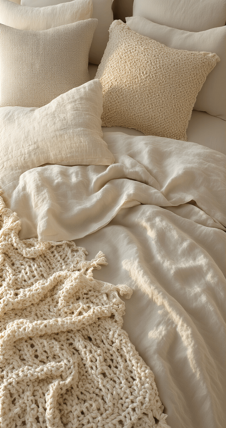 Coastal Grandma Bedroom: Your Ultimate Sanctuary of Comfort and Style Cozy king bed layered with ivory stonewashed linen sheets, pale sand cotton quilt, and a variety of euro shams in textured fabrics, topped with a vintage crochet throw. The macro shot highlights the intricate textures under golden hour lighting, creating deep shadows in the folds.