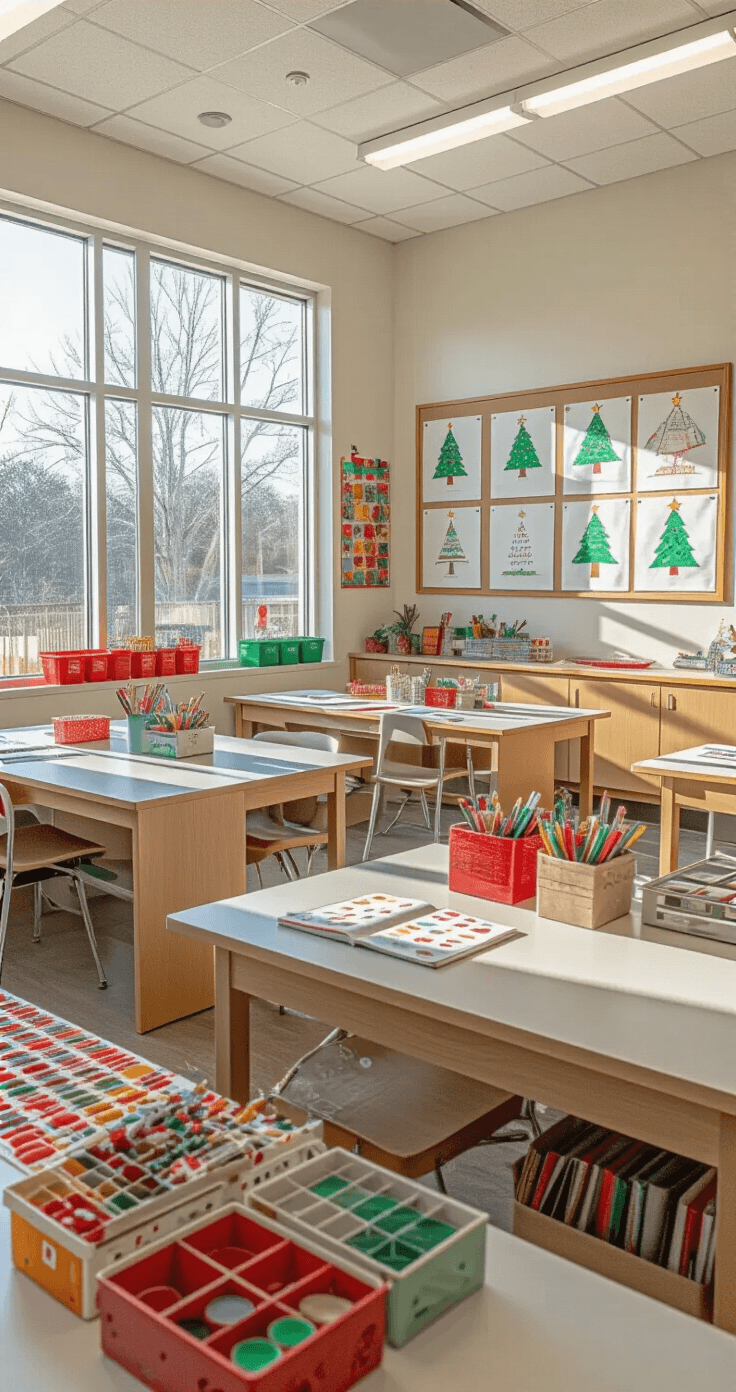 How to Draw a Christmas Tree: A Festive Art Guide for All Skill Levels A contemporary classroom bathed in soft afternoon light, featuring multiple organized workstations arranged in a grid pattern, wall-mounted displays of student Christmas tree drawings, and a color palette of institutional whites, primary colors, and natural wood tones, complemented by metallic accents. Textures include laminate surfaces, fabric bulletin boards, and glossy art materials.