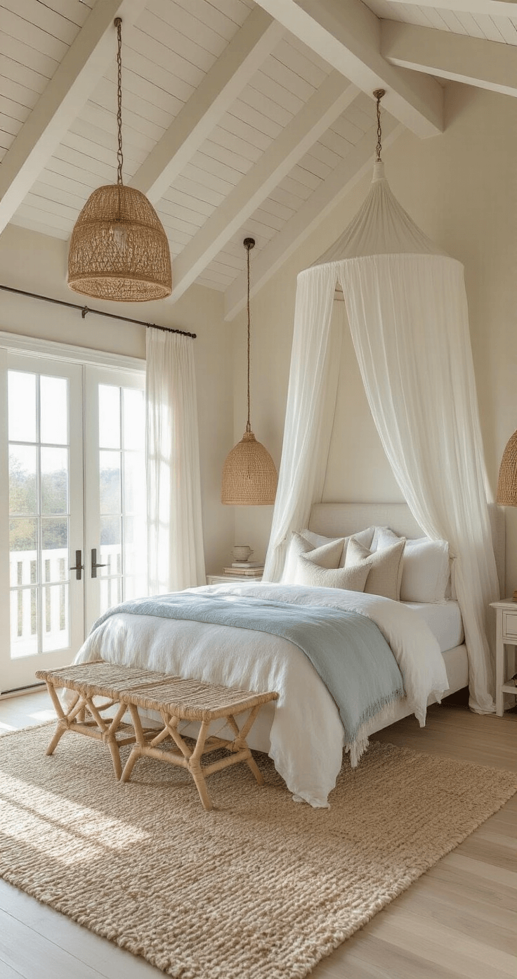 Crafting Your Dream Modern Coastal Master Bedroom: A Serene Sanctuary Awaits A sunlit master bedroom with vaulted ceilings, featuring a white linen canopy bed, layered bedding, and whitewashed oak floors, accented by rattan pendant lights and sheer curtains. Modern Coastal Master Bedroom